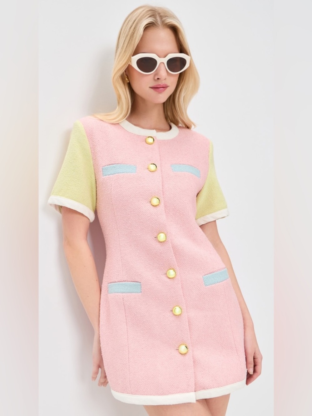 MAUDE CLUB Taylor Colorblock Tweed Minidress in Pastel Pink Tweed Size S NWT